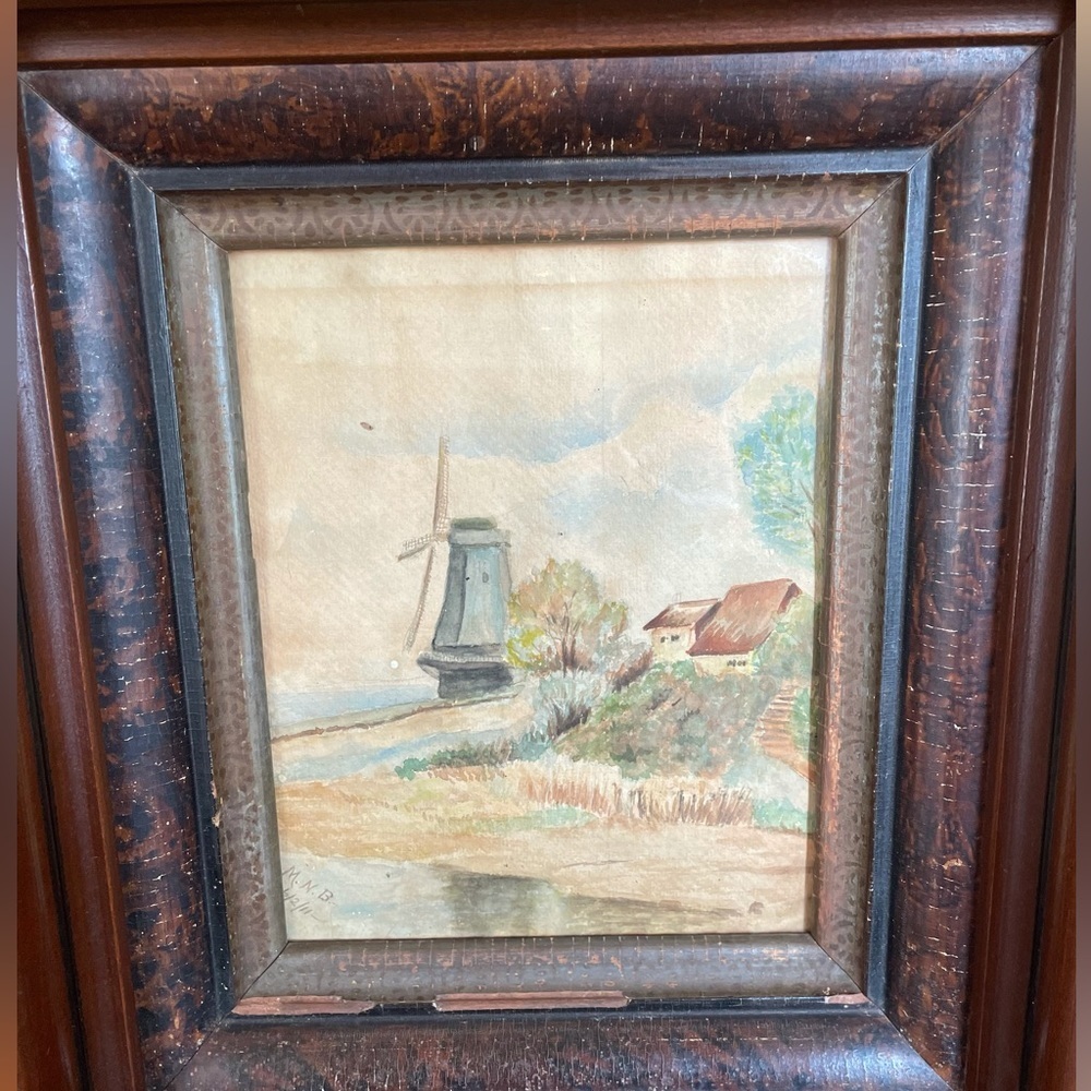 Antique 1911 Dutch Landscape Ocean Windmill Framed Watercolor Original Painting